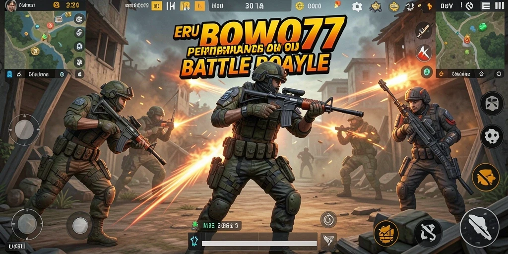 Tampilan gameplay BOWO77 dengan aksi pertempuran Battle Royale yang seru.