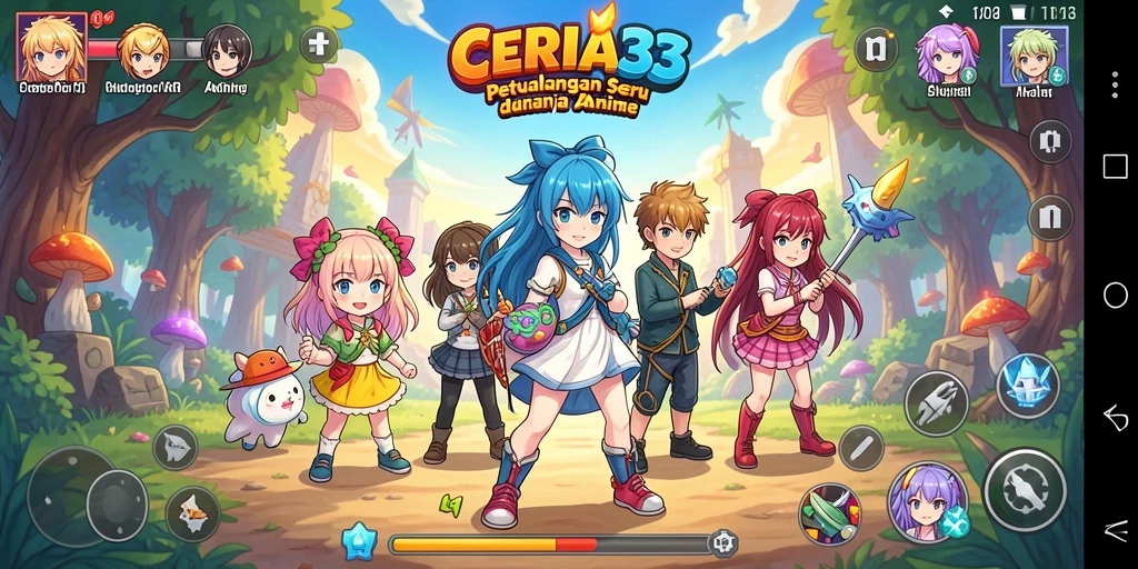 Tampilan gameplay CERIA33 dengan karakter anime yang beraksi.