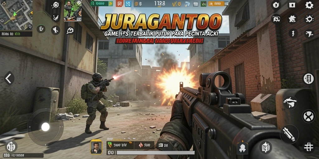 Screenshot gameplay intens dari JURAGANTOTO, menunjukkan aksi tembak-menembak.