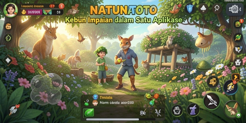 Tampilan gameplay NATUNATOTO dengan kebun yang subur dan beraneka tanaman.