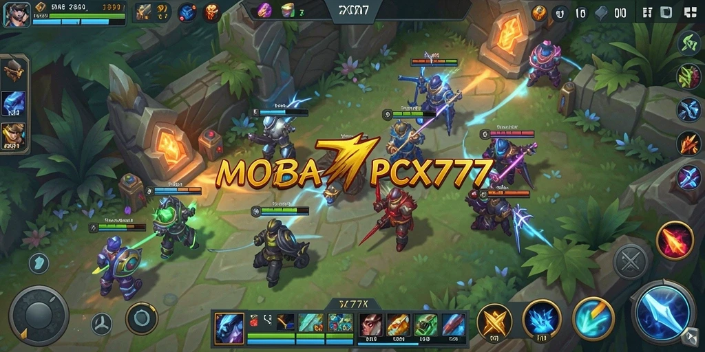 Screenshot gameplay PCX777 dengan aksi pertarungan epik di peta.