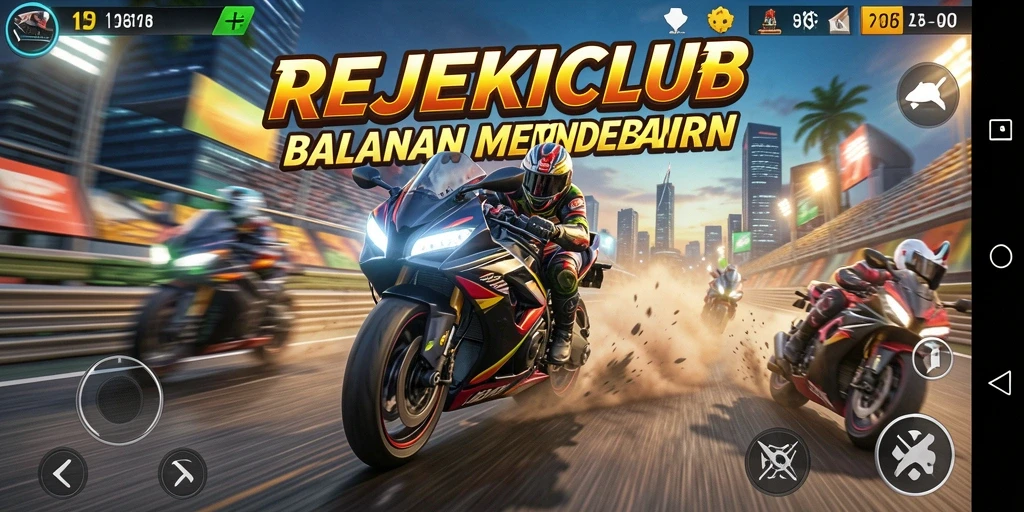 Screenshot gameplay REJEKICLUB menampilkan balapan motor yang mendebarkan.