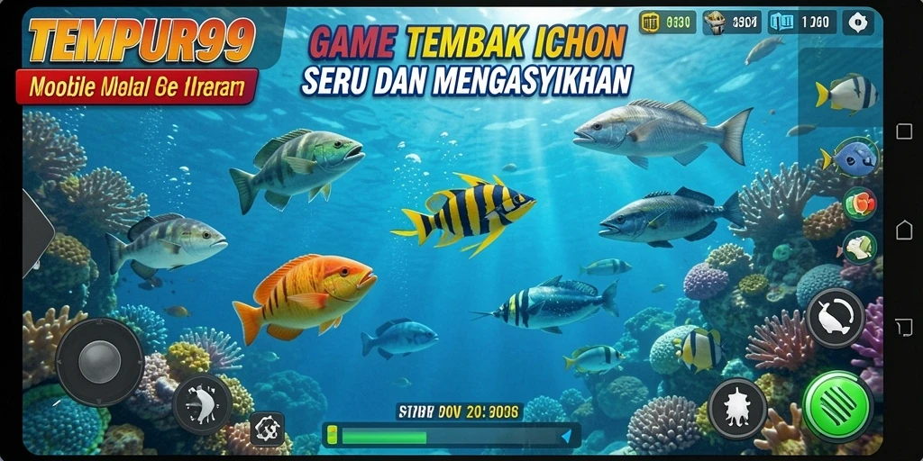 Tampilan gameplay TEMPUR99 saat menangkap ikan dengan sentuhan warna-warni.